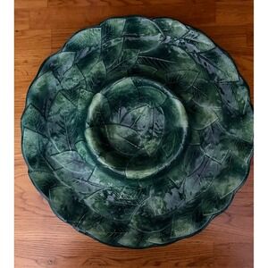 Made in Italy Green Leaf Ceramic Chip and Dip Platter Round 12.5" Majolica 7968